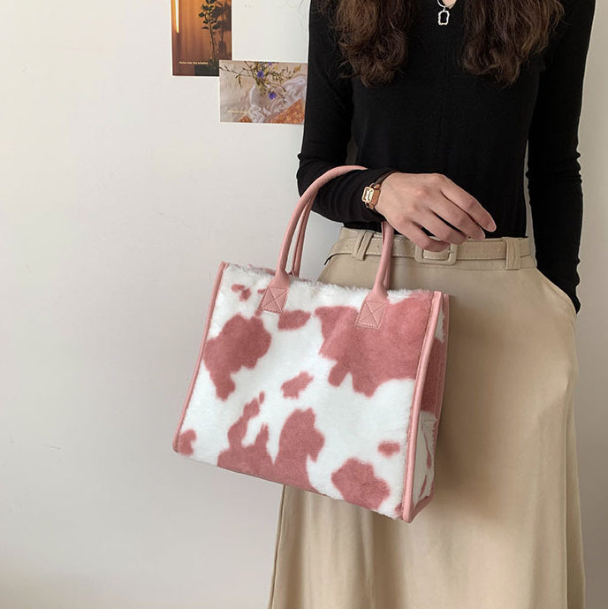 Bolso De mano Retro Animal Print Peluche Con Asas Piel
