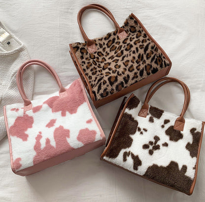 Bolso De mano Retro Animal Print Peluche Con Asas Piel