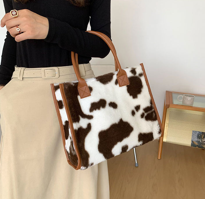 Bolso De mano Retro Animal Print Peluche Con Asas Piel